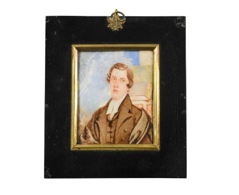 C or G Forster, 1837 Portrait miniature of a gentleman in academic brown robes in a church before a pulpit and stain glass wi