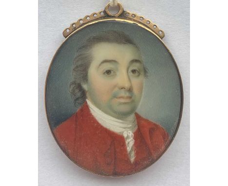 Circle of James Nixon (1741-1812) Portrait miniature of a gentleman in a red coat and white stockwatercolour on ivory, in a b