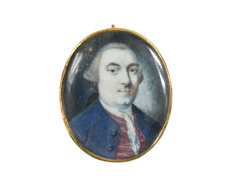 English School, circa 1770 Portrait miniature brooch of Peter Cazalet (1724-1788) engraved with the sitter's dates (to the re