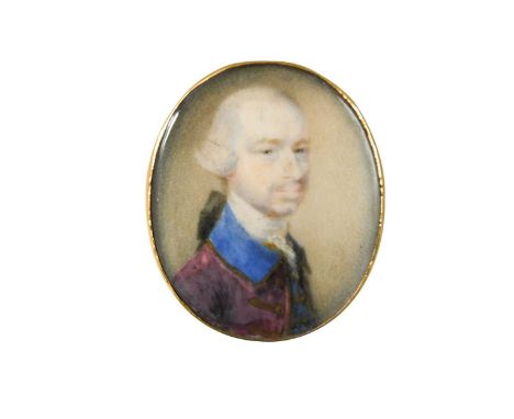 Circle of Jeremiah Meyer (1735-1789) Portrait miniature of a gentleman in mauve coat with blue collarwatercolour on ivory, in