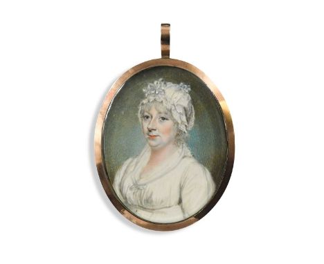 English School, circa 1800 Portrait miniature of an elderly lady in a white dress and bonnetwatercolour on ivory6.5cmThis ite