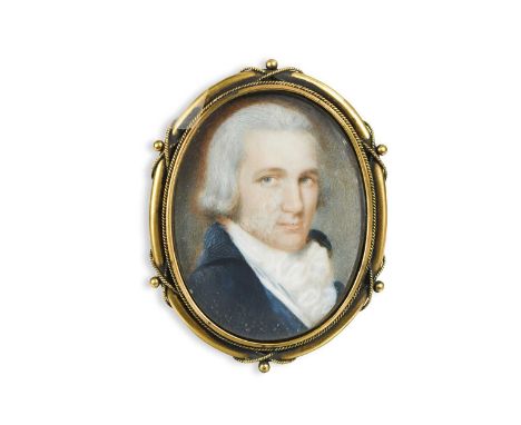 Circle of Charles Robertson (1760-1821) Portrait miniature of a gentleman with a blue coat and white frilled stockwatercolour