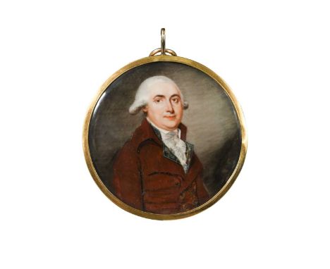 Continental School, circa 1800 Portrait miniature of a gentleman in burgundy coat with embroidered lapelsindistinctly signed 