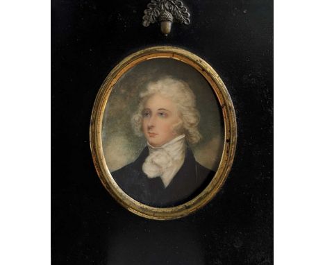 Manner of Richard Cosway Portrait miniature of a gentleman in blue with windswept hairwatercolour on ivory7.5.cm; together wi