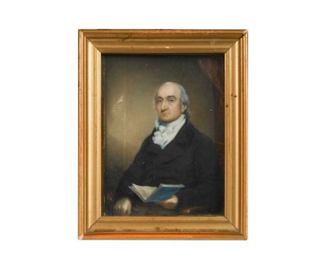 English School, circa 1800 Portrait miniature of Mr Egerton reading in his studyinscribed with identity (to the reverse)water