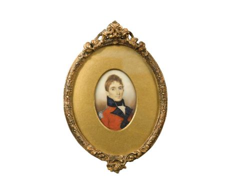 Manner of George Engleheart Portrait miniature of an officer in a red uniform with blue collarwatercolour over photographic b