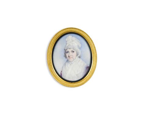 English School, circa 1790 Portrait miniature of an elderly lady wearing a purple dress and a bonnetwatercolour on ivory6.5cm