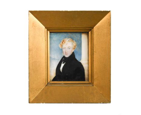 P Bethell, 1832 Portrait miniature of a boy, thought to be William Clayton Gray, wearing a black coat and standing by a colum