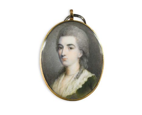 Circle of Samuel Cotes (1734-1818) Portrait miniature of a lady wearing a green dress with white fichuwatercolour on ivory4cm