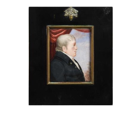 English School, circa 1820 Portrait miniature of a gentleman with a hooked nose in profile before a red curtain, landscape be