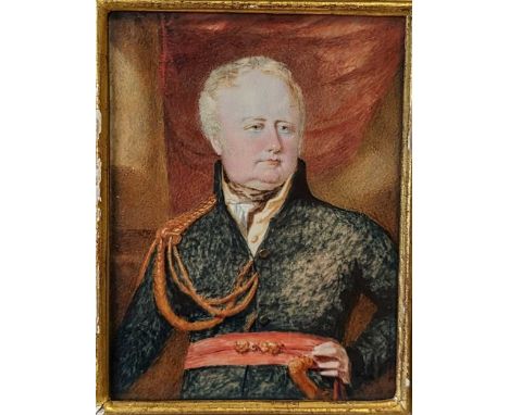 English School, circa 1820 Portrait miniature of a gentleman, half-length, standing before a curtain, thought to be Charles D