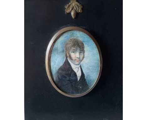 Attributed to Jane Beetham (fl. 1794-1815) Portrait miniature of Mr Wells aged 32 in a blue coatinscribed with the sitter's i