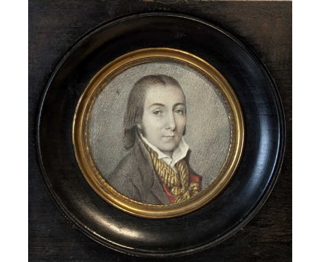 French School, 1791 Portrait miniature of a gentleman in red waistcoat and striped scarf, thought to be Martin Lauriere (d. 1