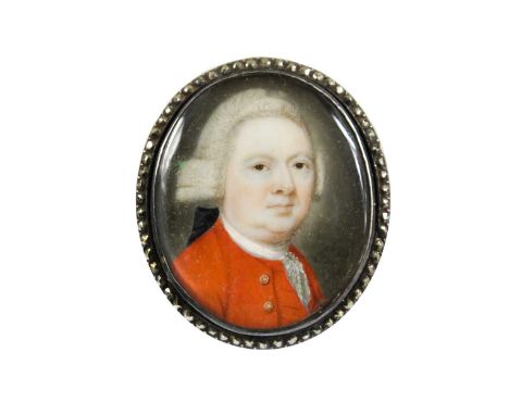 James Jennings (fl. 1763-1783)  Portrait miniature of a gentleman in a red coat and white jabotsigned with initials and dated
