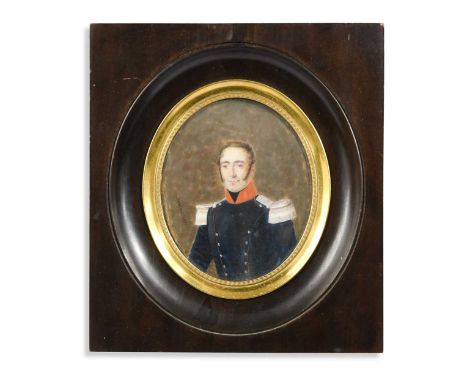 *** Guichard, 1831 Portrait miniature of an officer in a dark blue uniform with a red collar and silver epaulettessigned and 