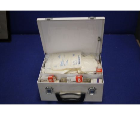 A VINTAGE FIRST AID BOX AND CONTENTS