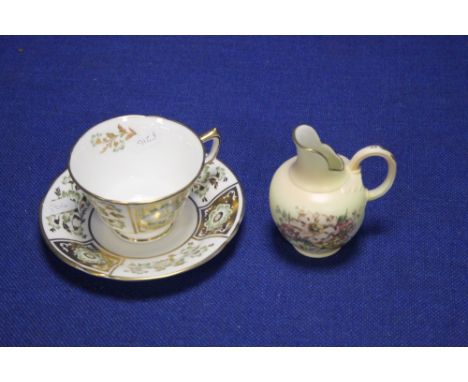 A ROYAL CROWN DERBY GREEN PANEL CUP AND SAUCER TOGETHER WITH A ROYAL WORCESTER BLUSH IVORY VASE