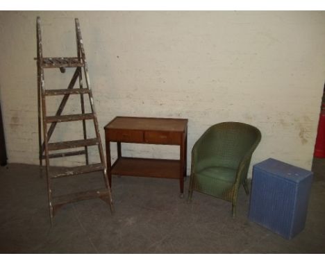 FOUR ITEMS TO INCLUDE STEP LADDER, TEAK TROLLEY, ETC