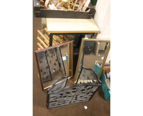 A CAST IRON FIRE SCREEN TOGETHER WITH 2 OBLONG MIRRORS