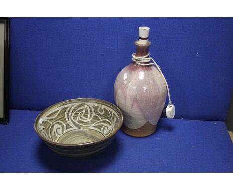 A POOLE TYPE BOWL TOGETHER WITH A LAMP