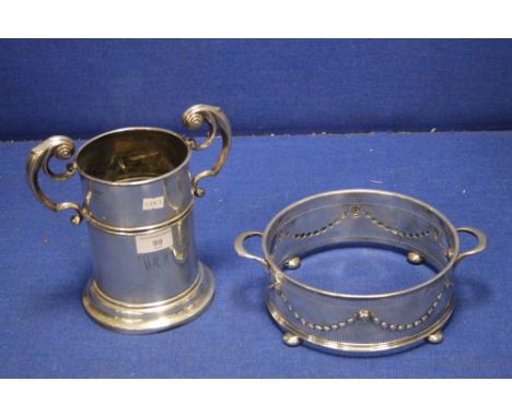 A HALL MARKED SILVER CUP TOGETHER WITH A WHITE METAL ITEM