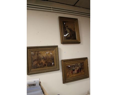 THREE CHRYSTOLEUMS SIZES APROX 55 CM X 40 CM 2 LANDCAPES 1 PORTRAIT, 1 SCENE OF DOGS, 1 GROUP OF GIRLS, 1 OF MOTHER AND CHILD