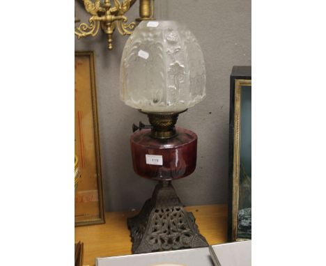 VICTORIAN CRANBERRY RESERVOIR OIL LAMP, WITH MOULDED AND ETCHED SHAPE