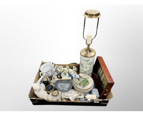 A box of Scandinavian ceramics, dishes, figures, Oriental porcelain lamp base, reverse painting on glass depicting a ship etc