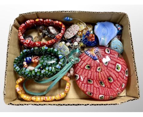 A group of Italian Murano beaded jewellery mostly millefiori and matching paperweight 