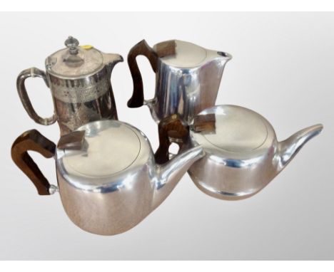 A Picquot ware three piece tea service and further silver plated teapot 