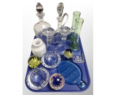 A group of Scandinavian glass ware, paperweights, tea light bowls, pair of candlesticks, decanters etc 