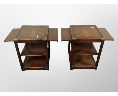 A pair of mahogany brass mounted campaign style lamp tables with pull-out slides, width 40 cm
