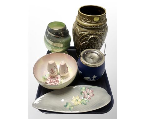 A Beswick ceramic vase, height 29cm, together with a Maling lustre vase, pair of sifters, Shorter & Son leaf dish, Tunstall J