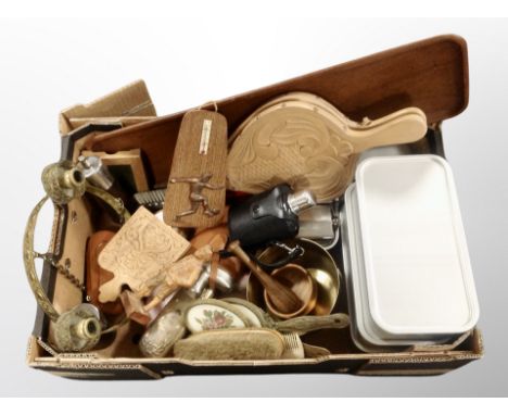 A box of treen items, wooden bellows, brass light fitting, dressing table items etc 