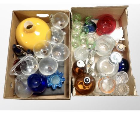 Two boxes of Scandinavian glass ware, drinking vessels, decanter, light shade etc 