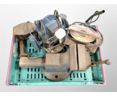 A box of bench vice, cobblers last, two power tools including Bosch, router, grass cutter 