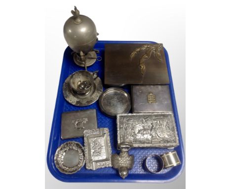 A group of silver plated wares, teak lined cigarette box, trinket boxes, burner on stand 