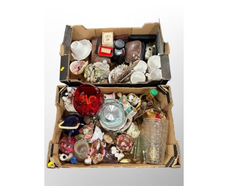 Two boxes of Indian carved sandalwood trinket box, Colibri lighter, vintage cameras, continental figures, glass ware etc 