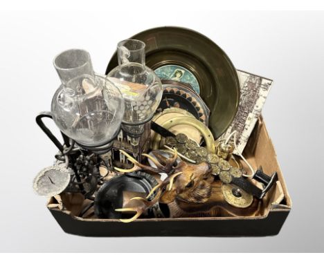 A box of Scandinavian light fittings, barometer, brass charger and other dishes etc 