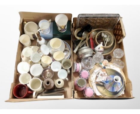 Two boxes of Royal commemorative china, tea cups, table bell, lidded crystal jars, hammered pewter milk jug and sugar bowl, R