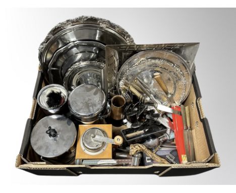 A box of silver plated and stainless steel wares, cutlery, salvers, coffee grinder, kitchen pots etc 