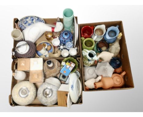 Three boxes of Scandinavian ceramics, mugs, lamp base, plates, vases, stoneware items etc 