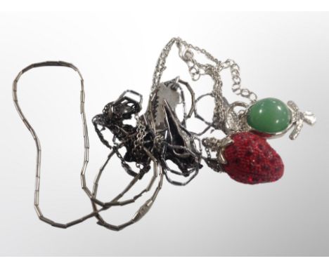 Four necklaces including American white medal arrow head pendant on chain, with turquoise cabochon, three others in the form 