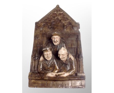 A French glazed ceramic wall plaque entitled 'Les Chanters', height 51 cm 