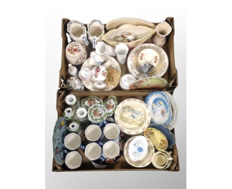 Two boxes of Ringtons chintz mugs, porcelain trinket boxes, further ornaments, Aynsley vases, Doulton bunnykins china etc 