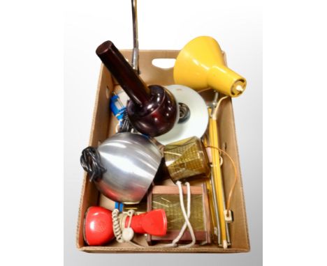 A box of 20th century anglepoise lamp, vintage telephone, Scandinavian light fittings etc 