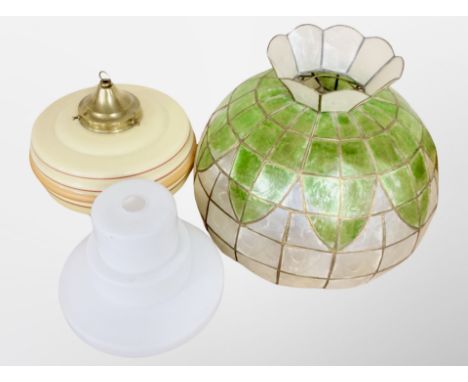 An Art Deco three tone opaque glass light shade and two further shades 
