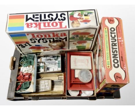 A box of Tonka system building set in box, Constructo construction set and Bayko building set accessories 