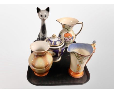 A Beswick lustre vase, Beswick Art Deco vase, pottery cat figure, Noritake bowl and cover etc 