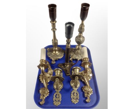 Two pairs of gilt brass wall sconces, (larger pair wired), together with three ornate lamp bases 